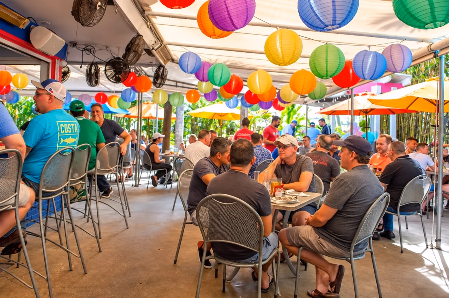 AI recreation of the colorful lantern-covered patio at Rosie’s Bar & Grill.