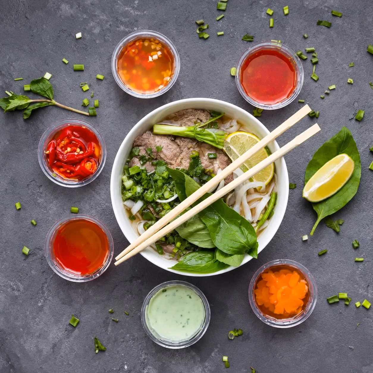 AI recreation of a pho bowl and condiments from What The Pho’s website.