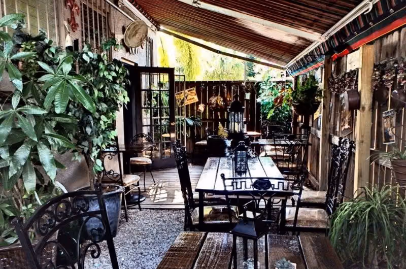 Palm-lined patio at Le Patio in Wilton Manors