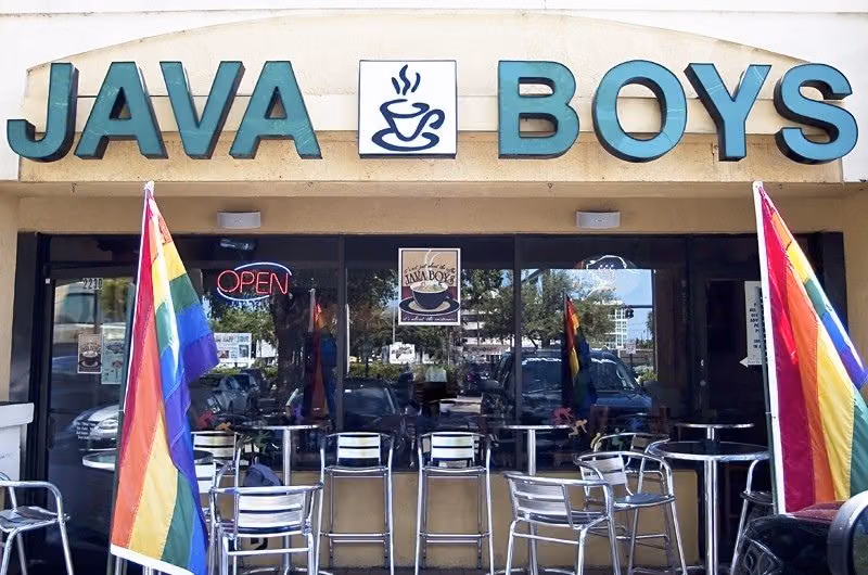 Java Boys storefront with rainbow flags
